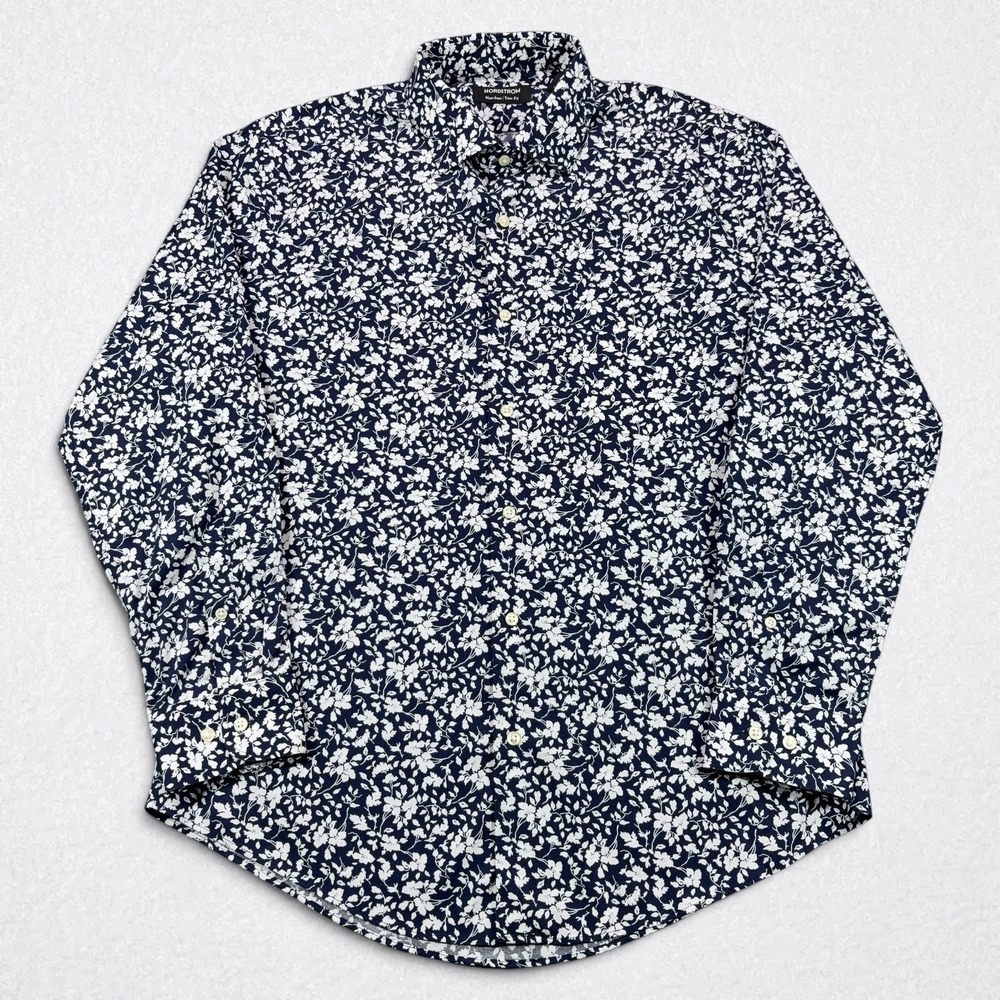 Nordstrom Button Down Shirt Mens 16 Navy White Floral Non-Iron Trim Fit Cotton